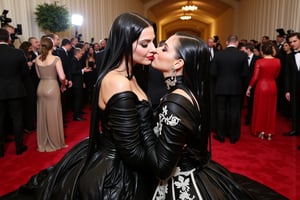 A vintage-style cinematic photo of Lady Gaga and tailor Swift kissing in red carpet. Both of them dressed as a wet witch. They wearing a wet gothic veils, wet long high neck gothic lolita ballgowns with white embroidery design. They are also elegantly draped with wet shawls with embroidery design. The background is a red carpet event and they are happily kissing while posing for a photpgraph.. The photo has a fotorrealismo style. Both have soap in their hair and lots of suds flowing through their body. They are completely soaking wet. Their clothes, hair, and skin are wet. Their wet clothes cling to their body. Soap flowing through clothes. .,Fetishwet,Wet,covered in oil,covered in mud,wam,wet clothes,pouring oil,wetlook,pouring oil, the girl is completely doused with transparent slimes, ((Wet clothes, wet skin, wet hair, slimed clothes, slimed hair, slimled skin)