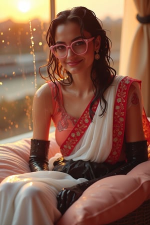 (Wet clothes, wet hair, wet skin:1.2) Capture an enchanting image of a soaking wet cute girl seated gracefully on an oversized, plush cushion. Her outfit is quintessential wet sleek white traditional saree with red embroidery, wet long sleeve embroidery blouse and, wet red embroidery shawl, stiletto heels, and diamond earrings. . She wears pink-rimmed glasses that add a touch of whimsy to her look. Her ensemble includes wet hair paired with delicate black lace wet gloves, and she completes the look with stylish.

. The camera uses a close-up shot with a 70mm lens, highlighting the elegance of her attire and the shimmering skyline. The lighting is soft and golden, with the warm glow of the sunset reflecting off
her dress. The image is in 6K resolution, capturing the refined details of her outfit and the glamour of the evening event, ek_ph0t0_b00ster
,
,,Realistic.,, ,soakingwetclothes, wet clothes, wet hair, wet,,3/4 body image ,wet cloths cling to body,Wet,covered in oil,covered in mud,wam,wetlook, Fetishwet