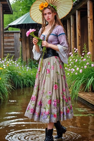 An concept art of an ethereal wet irish alchemist , portrait of a beautiful woman. .A wet girl wearing a wet floral dress, a flowered hat, and holding a flower buket. Capturing the essence of Manet's 'Spring', dripping wet hair, ,Masterpiece,Half-timbered Construction,, wet skin, wet face, wet heavy longskirt, boots,  .
(masterpiece, top quality, best quality, official art, beautiful and aesthetic:1.2), extreme detailed, highest detailed, ,Masterpiece,Color Booster,wet hair, wet heavy longskirt, boots, wet robe, layered longskirt, face focused
,soakingwetclothes,art_booster,wagasa,oil-paper umbrella