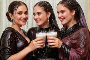 real 50 mm photo, Torrential rain, modern sitcom, indoor hall, photographs, Four women in gothic peasant dresses covered by winter shawls in a tea party are holding drinks and smiling in the rain conversation , covered in water drenched, water oil cascading clothes hair and skin, phones, face focused, beautiful detailed eyes, beautiful detailed lips, extremely detailed face and features, long eyelashes, soft glowing skin, serene expression, detailed clothing folds, detailed jewelry, detailed background, (best quality,4k,8k,highres,masterpiece:1.2),ultra-detailed,(realistic,photorealistic,photo-realistic),vibrant colors,dramatic lighting,award winning digital art, , (((wet clothes, wet hair, wet skin, wet, soaked, clothes cling to skin:1.2)),soakingwetclothes