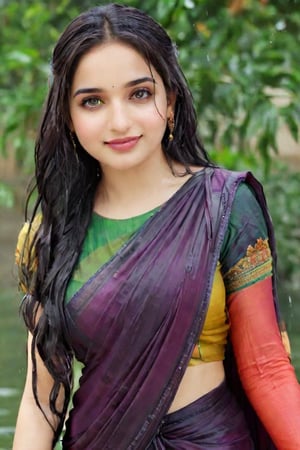 Tamanna bhatia, Beautiful women, face focused, a vibrant and sunny day in a city. A 19-year-old girl at the mall . She is wearing a traditional wet saree , Her long, dark, wet hair is adorned , and she has a gentle smile on her face, exuding confidence and grace., high quality, 8K Ultra HD, hyper-realistic, half body image

 wet clothes, wet clothes, wet skin, wet hair, ,soakingwetclothes,victorian dress,Pakistani dress,indian,saree,saree influencer,saree model