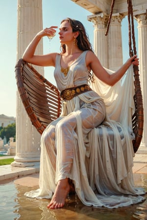 Prompt Realism, realistic photography, film grain, snapshot photography, toned film, eye spotlight, ambient light, skin pores, imperfections, nature, shallow depth of field, shallow depth of field focuses on the landscape. A strong wind blows the sky into a white majestic building like the Parthenon, the home of the gods. The very beautiful goddess Andromeda sits on a hanging chair and looks at the scenery, wearing an ancient Greek costume chiton, and her large belt is decorated with glittering decorations. She is drinking wine while swaying back and forth on her hanging chair.. (Divine Goddess) (White clothes),1girl (Divine aura) (Halo),((soakingwetclothes, wet clothes, wet hair, wet skin, :1.3)),soakingwetclothes,, wet skin, wet face, wet ballgown, boots, wet robe, layered longskirt, face focused
,soakingwetclothes,art_booster,indian,OnlySaree_Style,saree,saree influencer