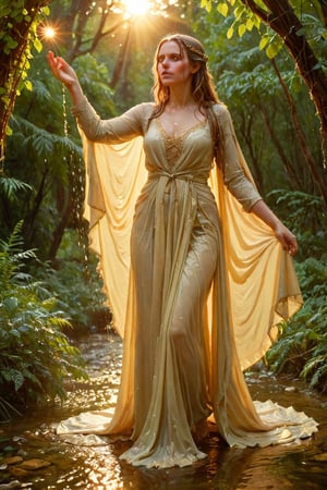 In a dappled, ancient forest ruin, an Elf Princess stands tall, her staff raised high as beams of warm sunlight filter through the trees, casting a golden halo around her regal figure. Her revealing, enchanted clothing shimmers in the soft light, while lush foliage and vines surround her, creating a lush environment. The camera captures a sharp focus on the princess's face, with the rule of thirds composition placing her at the intersection of two diagonals. Shot during the golden hour, the scene exudes an ethereal mood, inviting the viewer to step into this mystical realm., ,fantasy,better_hands,leonardo,angelawhite,Enhance (), ((wet clothes, victorian ballgown, ,((heavy rain, beautiful faces, soakingwetclothes, wet clothes, wet hair, wet skin, clothes cling to skin, drapped with wet cloak:1.3)),soakingwetclothes,, wet skin, wet face, wet robe,, face focused , soakingwetclothes,art_booster,indian,OnlySaree_Style,,hoopdress,Pakistani dress,saree,saree influencer,saree model