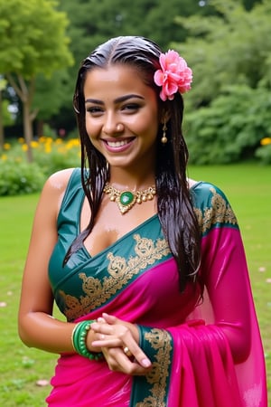 (wet clothes, wet hair, wet face, wet skin, slimed cloth, :1.4)

A soking wet woman smiling while wearing a wet traditional Indian saree. The wet saree is a rich pink color with a teal green border featuring peacock motifs in gold. The wet woman is accessorized with green glass bangles, a gold ring, and a floral necklace. She has long, wavy wet black hair adorned with wet pink flowers on the side. The background is a lush, green outdoor setting with trees and soft natural lighting, creating a serene and vibrant atmosphere.

. 

 Close-up shot, 4K, RAW, masterpiece, soakingwetclothes, wetlook, high definition, luxury wet fashion photography, professional news studio atmosphere.,Fetishwet,Enhanced all,Wetfetish