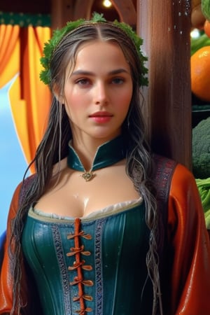 masterpiece, official art, ((ultra detailed)), (ultra quality), high quality, perfect wet face, A wet medieval girl in traditional wet dress, vegetables and fruits, at a farmer's market, mysterious medieval, masterpiece,High detailed,CrclWc,Detail,Half-timbered Construction,INK art,, (wet clothes, wet hair, wet skin,:1.37),. Intricate details, extremely detailed, incredible details, full colored, complex details, hyper maximalist, detailed decoration, detailed lines, best quality, HDR, dynamic lighting, perfect anatomy, realistic, more detail,
,Architectural100,style,soakingwetclothes