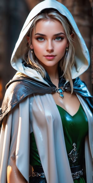 An concept art of an ethereal wet elf lady dressed in wet Renaissance court dress cape, (RAW photo, best quality), (realistic, photo-Realistic:1.1), best quality, masterpiece, beautiful and aesthetic, 16K, (HDR:1.2), high contrast, (vibrant color:1.3), (muted colors, dim colors, soothing tones:0), cinematic lighting, ambient lighting, sidelighting, Exquisite details and textures, cinematic shot, Warm tone, (Bright and intense:1.1), wide shot, by xm887, ultra realistic illustration, siena natural ratio, (random view:1.4), (random poses:1.4), Dark wet blonde long bob cut with blunt bangs, (a shy smile:1.4), white bracelet, wearing a wet white winter jacket and scarf, wet white fur hat, a beautiful German wet girl with a tattoo, gray eyes, a small earrings, ultra hd, realistic, vivid colors, highly detailed, UHD drawing, pen and ink, perfect composition, beautiful detailed intricate insanely detailed octane render trending on artstation, 8k artistic photography, photorealistic concept art, soft natural volumetric cinematic perfect light. knight,soakingwetclothes, wet clothes, wet hair, wet skin, wet face,, face focused, skin pores