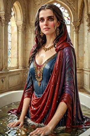 masterpiece, best quality, ultra high resolution, visually stunning, beautiful, award-winning art (abstract art: 1.3), beautiful )))A FULL-LENGTH very detalied full leghn , A anime a very beutifful female medieval warhammer style noble smile,, Watercolor, trending on artstation, sharp focus, Indoor photo, white tiles background, intricate details, highly detailed, by greg rutkowski ,more detail XL, shawl,   wet hair, (bathing in royal bathroom), ((wet clothes, victorian ballgown, ,((heavy rain, beautiful faces, soakingwetclothes, wet clothes, wet hair, wet skin, clothes cling to skin, submerged in tub:1.3)),soakingwetclothes,, wet skin, wet face, wet robe,, face focused , soakingwetclothes,art_booster,indian,OnlySaree_Style,,hoopdress,Pakistani dress,saree,saree influencer,saree model