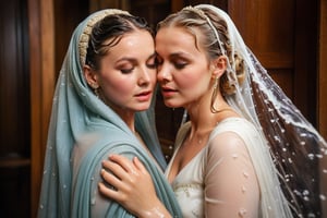 (wet clothes, wet hair, wet, wet face, wet skin, two girls kissing, shawl , wet veil, veil: 1.4 ),(60s film , two wet lesbian making out session, A sultryMedium shot ,looking to the camera,   blonde deep wet kiss (wet brunnete doris day and grace kelly a 40-year-old wet woman). embraced full wet make up, The cinematic film still captures their intimate moment as they making out, wet drindl ballgown, wet royal cloak. they embrace each other against the backdrop of a luxurious coffeshop bathed in soft daylight, submerge,  hugging, wet hair, moist face:1.2)), infused with norwegian elements. The wet dress combines intricate lace and embroidery with colorful ballgown-inspired patterns. A wide obi belt cinches her waist, while puffed sleeves and delicate accessories complete the look, showcasing a striking fusion of cultures.,ct-drago
.
, soakingwetclothes, wet clothes, wet hair,photorealistic,georgian gown,18thcentury,Georgian gown