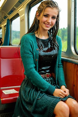 A emo girl, beautiful face, wet face, sitting in the train with spred legs and a window behind her, rushhour public, completly soaked wet, wool wool cardigan, belt, longskirt,, wet hair, smile, wet skin, soakingwetclothes, wet clothes, wet, soaked