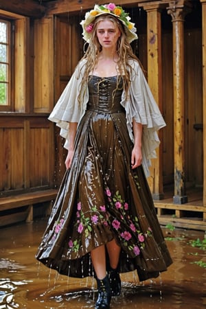 An concept art of an ethereal wet irish alchemist , portrait of a beautiful woman. .A wet girl wearing a wet floral bridalgown, a flowered hat, long wet mediaval cape. Capturing the essence of Manet's 'Spring', dripping wet hair, ,Masterpiece,Half-timbered Construction,, wet skin, wet face, wet heavy longskirt, boots,  .
(masterpiece, top quality, best quality, official art, beautiful and aesthetic:1.2), extreme detailed, highest detailed, ,Masterpiece,Color Booster,wet hair, wet heavy longskirt, boots, wet robe, layered longskirt, face focused
,soakingwetclothes,art_booster,wagasa,oil-paper,score_9,oil paint 