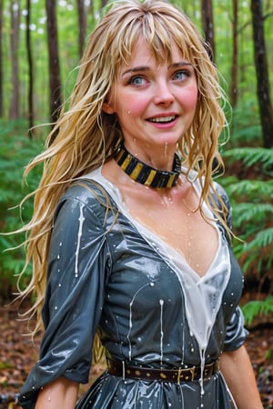 An concept art of an ethereal wet irish alchemist , portrait of a beautiful woman. . closeup of a mature blonde woman with bangs blue and gold camo colored ballgown, she's in a forest looking happy, blushing, leather dog collar, dripping wet hair, ,Masterpiece,white tiled background,, wet skin, wet face, wet heavy dress, 
(masterpiece, top quality, best quality, official art, beautiful and aesthetic:1.2), extreme detailed, highest detailed, ,Masterpiece,Color Booster,wet hair,, wet robe, layered dress, face focused
,soakingwetclothes,art_booster,wagasa,oil-paper,score_9,oil paint 