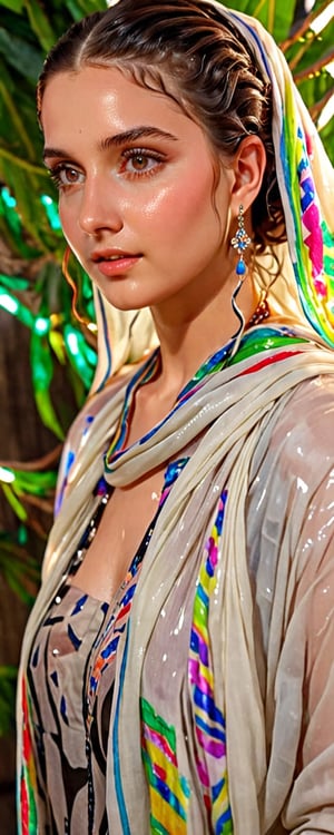 (best quality,8K,highres,masterpiece,raw image), ultra-detailed, featuring a beautiful young wet woman adorned in a realistic detailed wet designer  dress shirts shawl that emits a soft, ethereal light. Her flowy black chignon wet hair appears to be infused with the same radiant wet glow. eye contact,kind wet smile, lipgloss, The well lit backdrop consists of glowing grapes, colorful,colorful,soakingwetclothes,Pakistani dress