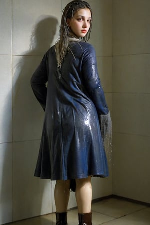 xxmixgirl, 1 woman, detailed face, detailed indoor background, standing in the room, completely wet, wet hair, dramatic lighting by Bill Sienkiewicz, 1940s tight fitting winter longskirt, wool pantyhose, furcoat, boots, wet clothes, heavy rain,tiedbreastsblue, wet clothes, wet hair, wet , ,Pakistani dress