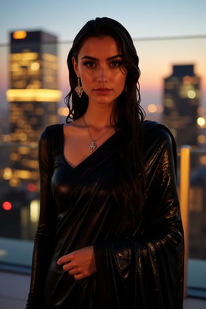 (Wet clothes, wet hair, wet skin:1.2) A sophisticated young woman with an elegant style, attending a high-end rooftop soirée. She is wearing a sleek black traditional saree, long sleeve blouse and, shawl, stiletto heels, and diamond earrings.
The setting is a luxurious rooftop with a panoramic city view, sparkling lights in the background. The camera uses a close-up shot with a 70mm lens, highlighting the elegance of her attire and the shimmering skyline. The lighting is soft and golden, with the warm glow of the sunset reflecting off
her dress. The image is in 6K resolution, capturing the refined details of her outfit and the glamour of the evening event, ek_ph0t0_b00ster
,
,,Realistic.,, ,soakingwetclothes, wet clothes, wet hair, wet,,3/4 body image ,wet cloths cling to body,Wet,covered in oil,covered in mud,wam,wetlook, Fetishwet