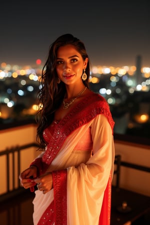 (Wet clothes, wet hair, wet skin:1.2) A sophisticated young woman with an elegant style, attending a high-end rooftop soirée. She is wearing a sleek white traditional saree with red embroidery, long sleeve embroidery blouse and, red shawl, stiletto heels, and diamond earrings.
The setting is a luxurious rooftop with a panoramic city view, sparkling lights in the background. The camera uses a close-up shot with a 70mm lens, highlighting the elegance of her attire and the shimmering skyline. The lighting is soft and golden, with the warm glow of the sunset reflecting off
her dress. The image is in 6K resolution, capturing the refined details of her outfit and the glamour of the evening event, ek_ph0t0_b00ster
,
,,Realistic.,, ,soakingwetclothes, wet clothes, wet hair, wet,,3/4 body image ,wet cloths cling to body,Wet,covered in oil,covered in mud,wam,wetlook, Fetishwet