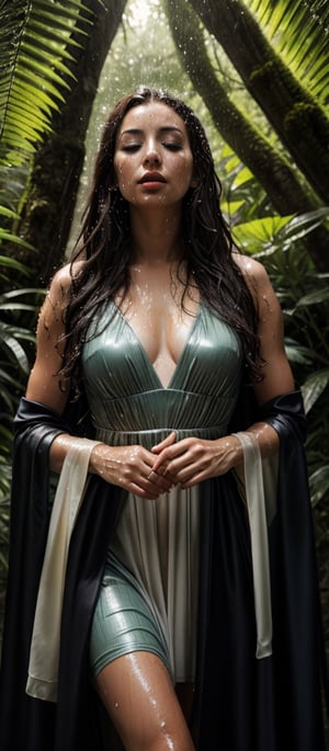 In a dappled, ancient forest ruin, an wet Elf Princess stands tall in water, she wears mediaval ballgowns and cloak. her staff raised high as beams of warm sunlight filter through the trees, casting a black halo around her regal wet figure. Her revealing, enchanted wet full ballgown shimmers in the soft light, while lush foliage and vines surround her, creating a lush environment. The camera captures a sharp focus on the wet princess's face, with the rule of thirds composition placing her at the intersection of two diagonals. Shot during the golden hour, the scene exudes an ethereal mood, inviting the viewer to step into this mystical realm., ,fantasy,better_hands,leonardo,angelawhite,Enhance, wet clothes, wet hair, wet, soaked, wet skin, soaking wet, 