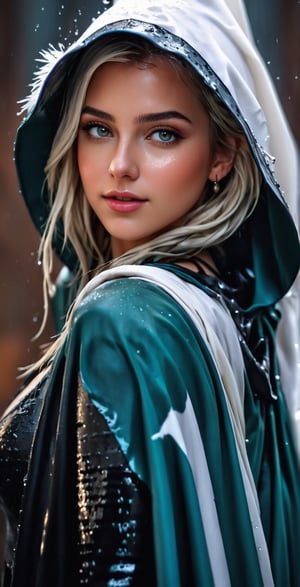 An concept art of an ethereal wet elf lady dressed in wet Renaissance court dress cape, (RAW photo, best quality), (realistic, photo-Realistic:1.1), best quality, masterpiece, beautiful and aesthetic, 16K, (HDR:1.2), high contrast, (vibrant color:1.3), (muted colors, dim colors, soothing tones:0), cinematic lighting, ambient lighting, sidelighting, Exquisite details and textures, cinematic shot, Warm tone, (Bright and intense:1.1), wide shot, by xm887, ultra realistic illustration, siena natural ratio, (random view:1.4), (random poses:1.4), Dark wet blonde long bob cut with blunt bangs, (a shy smile:1.4), white bracelet, wearing a wet white winter jacket and scarf, wet white fur hat, a beautiful German wet girl with a tattoo, soaked, gray eyes, a small earrings, ultra hd, realistic, vivid colors, highly detailed, UHD drawing, pen and ink, perfect composition, beautiful detailed intricate insanely detailed octane render trending on artstation, 8k artistic photography, photorealistic concept art, soft natural volumetric cinematic perfect light. knight,soakingwetclothes, wet clothes, wet hair, wet skin, wet face,, face focused, skin pores