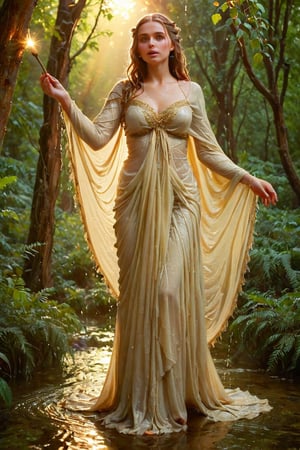 In a dappled, ancient forest ruin, an Elf Princess stands tall, her staff raised high as beams of warm sunlight filter through the trees, casting a golden halo around her regal figure. Her revealing, enchanted clothing shimmers in the soft light, while lush foliage and vines surround her, creating a lush environment. The camera captures a sharp focus on the princess's face, with the rule of thirds composition placing her at the intersection of two diagonals. Shot during the golden hour, the scene exudes an ethereal mood, inviting the viewer to step into this mystical realm., ,fantasy,better_hands,leonardo,angelawhite,Enhance (), ((wet clothes, victorian ballgown, ,((heavy rain, beautiful faces, soakingwetclothes, wet clothes, wet hair, wet skin, clothes cling to skin, drapped with wet shawl:1.3)),soakingwetclothes,, wet skin, wet face, wet robe,, face focused , soakingwetclothes,art_booster,indian,OnlySaree_Style,,hoopdress,Pakistani dress,saree,saree influencer,saree model