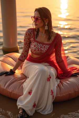 (Wet clothes, wet hair, wet skin:1.2) Capture an enchanting image of a soaking wet cute girl seated gracefully on an oversized, plush cushion. Her outfit is quintessential wet sleek white traditional saree with red embroidery, wet long sleeve embroidery blouse and, wet red embroidery shawl, stiletto heels, and diamond earrings. . She wears pink-rimmed glasses that add a touch of whimsy to her look. Her ensemble includes wet hair paired with delicate black lace wet gloves, and she completes the look with stylish.

. The camera uses a close-up shot with a 70mm lens, highlighting the elegance of her attire and the shimmering skyline. The lighting is soft and golden, with the warm glow of the sunset reflecting off
her dress. The image is in 6K resolution, capturing the refined details of her outfit and the glamour of the evening event, ek_ph0t0_b00ster
,
,,Realistic.,, ,soakingwetclothes, wet clothes, wet hair, wet,,3/4 body image ,wet cloths cling to body,Wet,covered in oil,covered in mud,wam,wetlook, Fetishwet