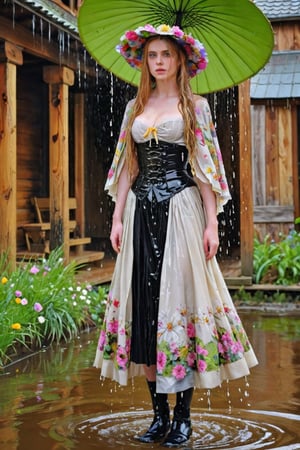 An concept art of an ethereal wet irish alchemist , portrait of a beautiful woman. .A wet girl wearing a wet floral dress, a flowered hat, mediaval cape. Capturing the essence of Manet's 'Spring', dripping wet hair, ,Masterpiece,Half-timbered Construction,, wet skin, wet face, wet heavy longskirt, boots,  .
(masterpiece, top quality, best quality, official art, beautiful and aesthetic:1.2), extreme detailed, highest detailed, ,Masterpiece,Color Booster,wet hair, wet heavy longskirt, boots, wet robe, layered longskirt, face focused
,soakingwetclothes,art_booster,wagasa,oil-paper umbrella,score_9