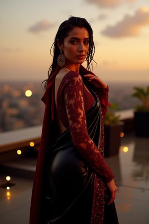 (Wet clothes, wet hair, wet skin:1.2) A sophisticated young woman with an elegant style, attending a high-end rooftop soirée. She is wearing a sleek black traditional saree with red embroidery, long sleeve embroidery blouse and, red shawl, stiletto heels, and diamond earrings.
The setting is a luxurious rooftop with a panoramic city view, sparkling lights in the background. The camera uses a close-up shot with a 70mm lens, highlighting the elegance of her attire and the shimmering skyline. The lighting is soft and golden, with the warm glow of the sunset reflecting off
her dress. The image is in 6K resolution, capturing the refined details of her outfit and the glamour of the evening event, ek_ph0t0_b00ster
,
,,Realistic.,, ,soakingwetclothes, wet clothes, wet hair, wet,,3/4 body image ,wet cloths cling to body,Wet,covered in oil,covered in mud,wam,wetlook, Fetishwet