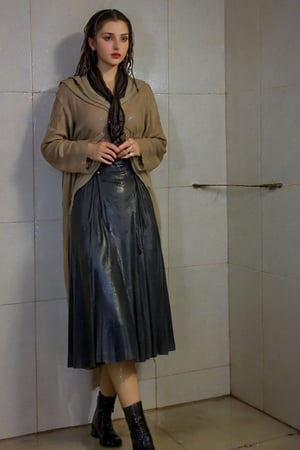 xxmixgirl, 1 woman, detailed face, detailed indoor background, standing in the room, completely wet, wet hair, dramatic lighting by Bill Sienkiewicz, 1940s tight fitting winter longskirt, wool pantyhose, furcoat, boots, wet clothes, heavy rain,tiedbreastsblue, wet clothes, wet hair, wet , ,Pakistani dress