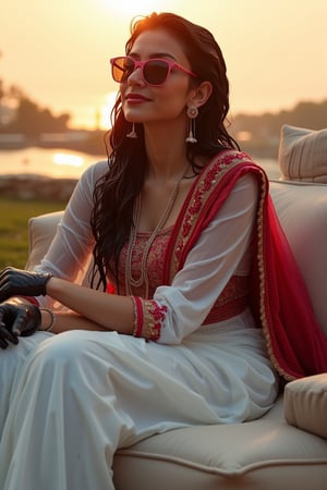 (Wet clothes, wet hair, wet skin:1.2) Capture an enchanting image of a soaking wet cute girl seated gracefully on an oversized, plush cushion. Her outfit is quintessential wet sleek white traditional saree with red embroidery, wet long sleeve embroidery blouse and, wet red embroidery shawl, stiletto heels, and diamond earrings. . She wears pink-rimmed glasses that add a touch of whimsy to her look. Her ensemble includes wet hair paired with delicate black lace wet gloves, and she completes the look with stylish.

. The camera uses a close-up shot with a 70mm lens, highlighting the elegance of her attire and the shimmering skyline. The lighting is soft and golden, with the warm glow of the sunset reflecting off
her dress. The image is in 6K resolution, capturing the refined details of her outfit and the glamour of the evening event, ek_ph0t0_b00ster
,
,,Realistic.,, ,soakingwetclothes, wet clothes, wet hair, wet,,3/4 body image ,wet cloths cling to body,Wet,covered in oil,covered in mud,wam,wetlook, Fetishwet