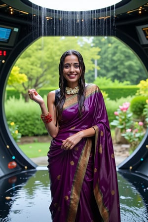 (wet clothes, wet hair, wet face, wet skin, slimed cloth, :1.4)

A smiling Norwegian woman is wearing a traditional Kanjivaram silk saree, now completely drenched by the rain. The saree is a deep violet with an ornate gold border depicting lotus motifs, and it clings to her form as she stands confidently. She has draped the saree over her left shoulder and wrapped it tightly around her right shoulder. Her accessories include red glass bangles, a gold ring, and a jasmine garland necklace. Her long, wavy black hair, wet and adorned with jasmine flowers, adds to the surreal atmosphere. The background blends a lush green garden with trees and soft natural light with the deck of a futuristic spaceship, surrounded by advanced control panels and holographic displays. Rain pours from an open hatch above, soaking her and the intricate fabric. The wet silk saree clings to her body, accentuating its fine texture, while the serene natural setting contrasts with the sleek high-tech spacecraft. Rainwater drips onto the polished floor, highlighting the harmony between tradition and modernity in this vivid, surreal scene.

. 

 Close-up shot, 4K, RAW, masterpiece, soakingwetclothes, wetlook, high definition, luxury wet fashion photography, professional news studio atmosphere.,Fetishwet,Enhanced all,Wetfetish