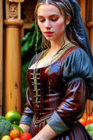masterpiece, official art, ((ultra detailed)), (ultra quality), high quality, perfect wet face, A wet medieval girl in traditional wet dress, vegetables and fruits, at a farmer's market, mysterious medieval, masterpiece,High detailed,CrclWc,Detail,Half-timbered Construction,INK art,, (wet clothes, wet hair, wet skin, wet, soaked:1.37),. Intricate details, extremely detailed, incredible details, full colored, complex details, hyper maximalist, detailed decoration, detailed lines, best quality, HDR, dynamic lighting, perfect anatomy, realistic, more detail,
,Architectural100,style,soakingwetclothes