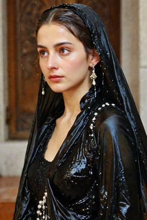 A girl wearing a long black wedding dress, church, baroque style, detailed feathers,s, big scene, super realistic, wet shawl, pakistani dress, soakingwetclothes, wet clothes, wet hair, wet skin, wet, soaked , wet face.face focused