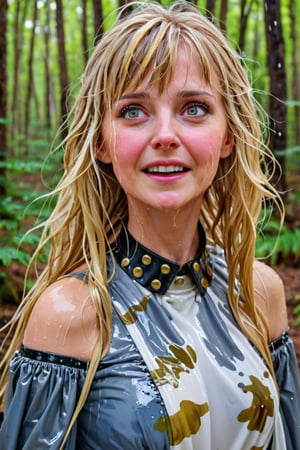 An concept art of an ethereal wet irish alchemist , portrait of a beautiful woman. . closeup of a mature blonde woman with bangs blue and gold camo colored ballgown, she's in a forest looking happy, blushing, leather dog collar, dripping wet hair, ,Masterpiece,white tiled background,, wet skin, wet face, wet heavy dress, 
(masterpiece, top quality, best quality, official art, beautiful and aesthetic:1.2), extreme detailed, highest detailed, ,Masterpiece,Color Booster,wet hair,, wet robe, layered dress, face focused
,soakingwetclothes,art_booster,wagasa,oil-paper,score_9,oil paint 