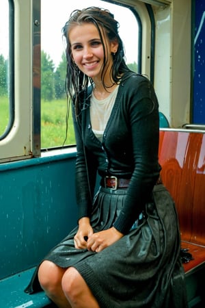 A emo girl, beautiful face, wet face, sitting in the train and a window behind her, rushhour public, completly soaked wet, wool wool cardigan, belt, wet longskirt, wet full length skirt, wet hair, smile, wet skin, soakingwetclothes, wet clothes, wet, soaked