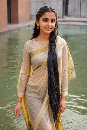 Beautiful women, face focused, a vibrant and sunny day in a city. A 19-year-old girl named Meera at the mall . She is wearing a traditional wet saree , Her long, dark, wet hair is adorned , and she has a gentle smile on her face, exuding confidence and grace., high quality, 8K Ultra HD, hyper-realistic, 

 wet clothes, wet clothes, wet skin, wet hair, ,soakingwetclothes,victorian dress,Pakistani dress,indian