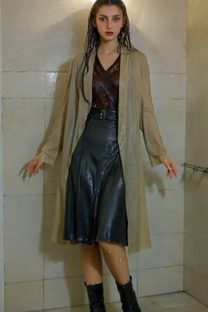 xxmixgirl, 1 woman, detailed face, detailed indoor background, standing in the room, completely wet, wet hair, dramatic lighting by Bill Sienkiewicz, 1940s tight fitting summer longskirt, wool pantyhose, furcoat, boots, wet clothes, heavy rain,tiedbreastsblue, wet clothes, wet hair, wet , ,Pakistani dress