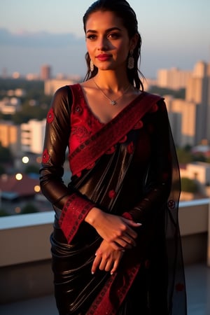 (Wet clothes, wet hair, wet skin:1.2) A sophisticated young woman with an elegant style, attending a high-end rooftop soirée. She is wearing a sleek black traditional saree with red embroidery, long sleeve embroidery blouse and, red shawl, stiletto heels, and diamond earrings.
The setting is a luxurious rooftop with a panoramic city view, sparkling lights in the background. The camera uses a close-up shot with a 70mm lens, highlighting the elegance of her attire and the shimmering skyline. The lighting is soft and golden, with the warm glow of the sunset reflecting off
her dress. The image is in 6K resolution, capturing the refined details of her outfit and the glamour of the evening event, ek_ph0t0_b00ster
,
,,Realistic.,, ,soakingwetclothes, wet clothes, wet hair, wet,,3/4 body image ,wet cloths cling to body,Wet,covered in oil,covered in mud,wam,wetlook, Fetishwet