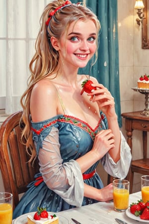 masterpiece, top quality, aesthetic, (watercolor style: 1.7), 1 woman, solo, long hair, looking at viewer, smiling, happy, open mouth, bangs, blue eyes, blonde hair, dress, long sleeves, off-shoulder dress, ribbon, holding, sitting, hair ribbon, , ponytail, :d, heart, frill, food, glass, straw, red ribbon, neck ribbon, fruit, chair, table, holding food, plate, orange juice, cake, strawberry, fork, holding fork,watercolor \(medium\),   wet hair, (), ((wet clothes, victorian ballgown, ,((heavy rain, beautiful faces, soakingwetclothes, wet clothes, wet hair, wet skin, clothes cling to skin,:1.3)),soakingwetclothes,, wet skin, wet face, wet robe,, face focused , soakingwetclothes,art_booster,indian,OnlySaree_Style,,hoopdress,Pakistani dress,saree,saree influencer,saree model