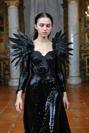 A girl wearing a long black wedding dress, church, baroque style, detailed feathers, huge wings, big scene, super realistic, soakingwetclothes, wet clothes, wet hair, wet skin, wet, soaked , wet face.face focused