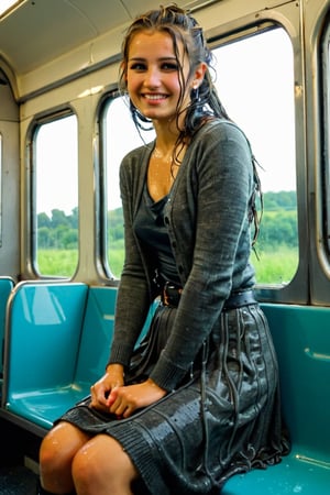 A emo girl, beautiful face, wet face, sitting in the train with spred legs and a window behind her, rushhour public, completly soaked wet, wool wool cardigan, belt, longskirt,, wet hair, smile, wet skin, soakingwetclothes, wet clothes, wet, soaked