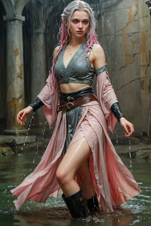 breathtaking RAW photo of wet female ((THigh quality concept art portrait featuring a fantastic and beautiful and fair 18 years old whit wet Silver pink hair and Hazel eyes Caucasian o lot of color Elven women(Bella Delphine) whit drawn on weathered parchment, using lord of the rings or dungeons and dragons, character sheet, perfect wet anatomy, parchment serves as a canvas decorated with ancient runes, made by hand. sketches drawn, by Boris Vallejo, high details, )), dark and moody style, perfect wet face, outstretched perfect hands . masterpiece, professional, award-winning, intricate details, ultra high detailed, 64k, dramatic light, volumetric light, dynamic lighting, Epic, splash art .. ), by james jean $, roby dwi antono $, ross tran $. francis bacon $, michal mraz $, adrian ghenie $, petra cortright $, gerhard richter $, takato yamamoto $, ashley wood, tense atmospheric, , , , sooyaaa,IMGFIX,Comic Book-Style,Movie Aesthetic,action shot,photo r3al,bad quality image,oil painting, cinematic moviemaker style,Japan Vibes,H effect,koh_yunjung ,koh_yunjung,kwon-nara,sooyaaa,colorful,bones,,armor,han-hyoju-xl ,DonMn1ghtm4reXL, ct-fujiii ,oiran,furisode,ct-jeniiii, ct-goeuun,yaya, HanFu,golden kimono,kamado nezuko,sword maiden,theresa apocalypse,koling,ct-rosseeiiee,ct-rosseeiiee,ct-virtual,((soakingwetclothes, wet clothes, wet hair, wet skin, :1.3)),soakingwetclothes,, wet skin, wet face, wet ballgown, boots, wet robe, layered longskirt, face focused
,soakingwetclothes,art_booster,indian