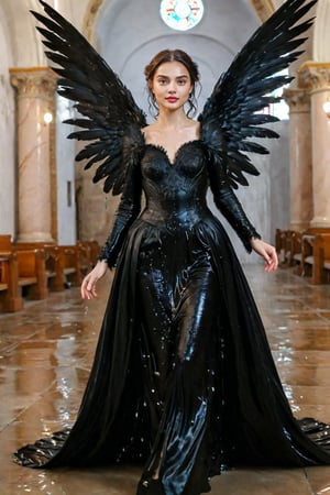A girl wearing a long black wedding dress, church, baroque style, detailed feathers, huge wings, full body, big scene, super realistic,soakingwetclothes, wet clothes, wet hair, wet skin, wet, soaked.face focused