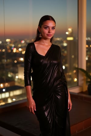 (Wet clothes, wet hair, wet skin:1.2) A sophisticated young woman with an elegant style, attending a high-end rooftop soirée. She is wearing a sleek black traditional saree, full sleeve blouse and, shawl, stiletto heels, and diamond earrings.
The setting is a luxurious rooftop with a panoramic city view, sparkling lights in the background. The camera uses a close-up shot with a 70mm lens, highlighting the elegance of her attire and the shimmering skyline. The lighting is soft and golden, with the warm glow of the sunset reflecting off
her dress. The image is in 6K resolution, capturing the refined details of her outfit and the glamour of the evening event, ek_ph0t0_b00ster
,
,,Realistic.,, ,soakingwetclothes, wet clothes, wet hair, wet,,3/4 body image ,wet cloths cling to body,Wet,covered in oil,covered in mud,wam,wetlook, Fetishwet