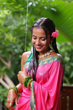 (wet clothes, wet hair, wet face, wet skin, slimed cloth, :1.4)

A soking wet woman smiling while wearing a wet traditional Indian saree. The wet saree is a rich pink color with a teal green border featuring peacock motifs in gold. The wet woman is accessorized with green glass bangles, a gold ring, and a floral necklace. She has long, wavy wet black hair adorned with wet pink flowers on the side. The background is a lush, green outdoor setting with trees and soft natural lighting, creating a serene and vibrant atmosphere.

. 

 Close-up shot, 4K, RAW, masterpiece, soakingwetclothes, wetlook, high definition, luxury wet fashion photography, professional news studio atmosphere.,Fetishwet,Enhanced all,Wetfetish