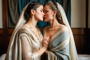 (wet clothes, wet hair, wet, wet face, wet skin, two girls kissing, shawl , wet veil,  A cinematic photo of a wet women in Victorian-style silk gowns and shawls, lying on another wet while they are sleeping together on a wet bed. Both of them are queens. They are making out and kissing. covered by a wet blanket. The dresses and shawls are wet and clinging to their bodies. ..: 1.4 ),(60s film , two wet lesbian making out session, A sultryMedium shot ,looking to the camera,   blonde deep wet kiss (wet brunnete doris day and grace kelly a 40-year-old wet woman). embraced full wet make up, The cinematic film still captures their intimate moment as they making out, wet drindl ballgown, wet royal cloak. they embrace each other against the backdrop of a luxurious coffeshop bathed in soft daylight, submerge,  hugging, wet hair, moist face:1.2)), infused with norwegian elements. The wet dress combines intricate lace and embroidery with colorful ballgown-inspired patterns. A wide obi belt cinches her waist, while puffed sleeves and delicate accessories complete the look, showcasing a striking fusion of cultures.,ct-drago
.
, soakingwetclothes, wet clothes, wet hair,photorealistic,georgian gown,18thcentury,Georgian gown,Pakistani dress