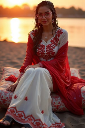 (Wet clothes, wet hair, wet skin:1.2) Capture an enchanting image of a soaking wet cute girl seated gracefully on an oversized, plush cushion. Her outfit is quintessential sleek white traditional saree with red embroidery, long sleeve embroidery blouse and, red shawl, stiletto heels, and diamond earrings. . She wears pink-rimmed glasses that add a touch of whimsy to her look. Her ensemble includes wet hair paired with delicate black lace wet gloves, and she completes the look with stylish platform shoes featuring elegant ribbons.

. The camera uses a close-up shot with a 70mm lens, highlighting the elegance of her attire and the shimmering skyline. The lighting is soft and golden, with the warm glow of the sunset reflecting off
her dress. The image is in 6K resolution, capturing the refined details of her outfit and the glamour of the evening event, ek_ph0t0_b00ster
,
,,Realistic.,, ,soakingwetclothes, wet clothes, wet hair, wet,,3/4 body image ,wet cloths cling to body,Wet,covered in oil,covered in mud,wam,wetlook, Fetishwet