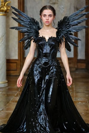 A girl wearing a long black wedding dress, church, baroque style, detailed feathers, huge wings, big scene, super realistic, soakingwetclothes, wet clothes, wet hair, wet skin, wet, soaked , wet face.face focused