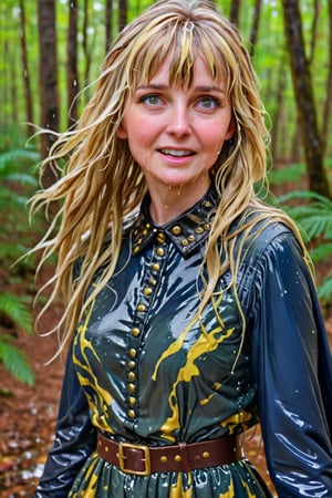 An concept art of an ethereal wet irish alchemist , portrait of a beautiful woman. . closeup of a mature blonde woman with bangs blue and gold camo colored ballgown, she's in a forest looking happy, blushing, leather dog collar, dripping wet hair, ,Masterpiece,white tiled background,, wet skin, wet face, wet heavy dress, 
(masterpiece, top quality, best quality, official art, beautiful and aesthetic:1.2), extreme detailed, highest detailed, ,Masterpiece,Color Booster,wet hair,, wet robe, layered dress, face focused
,soakingwetclothes,art_booster,wagasa,oil-paper,score_9,oil paint 