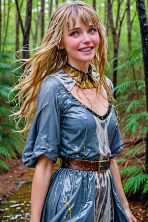 An concept art of an ethereal wet irish alchemist , portrait of a beautiful woman. . closeup of a mature blonde woman with bangs blue and gold camo colored ballgown, she's in a forest looking happy, blushing, leather dog collar, dripping wet hair, ,Masterpiece,white tiled background,, wet skin, wet face, wet heavy dress, 
(masterpiece, top quality, best quality, official art, beautiful and aesthetic:1.2), extreme detailed, highest detailed, ,Masterpiece,Color Booster,wet hair,, wet robe, layered dress, face focused
,soakingwetclothes,art_booster,wagasa,oil-paper,score_9,oil paint 