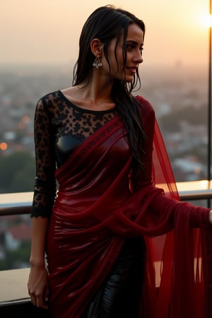 (Wet clothes, wet hair, wet skin:1.2) A sophisticated young woman with an elegant style, attending a high-end rooftop soirée. She is wearing a sleek black traditional saree with red embroidery, long sleeve embroidery blouse and, red shawl, stiletto heels, and diamond earrings.
The setting is a luxurious rooftop with a panoramic city view, sparkling lights in the background. The camera uses a close-up shot with a 70mm lens, highlighting the elegance of her attire and the shimmering skyline. The lighting is soft and golden, with the warm glow of the sunset reflecting off
her dress. The image is in 6K resolution, capturing the refined details of her outfit and the glamour of the evening event, ek_ph0t0_b00ster
,
,,Realistic.,, ,soakingwetclothes, wet clothes, wet hair, wet,,3/4 body image ,wet cloths cling to body,Wet,covered in oil,covered in mud,wam,wetlook, Fetishwet