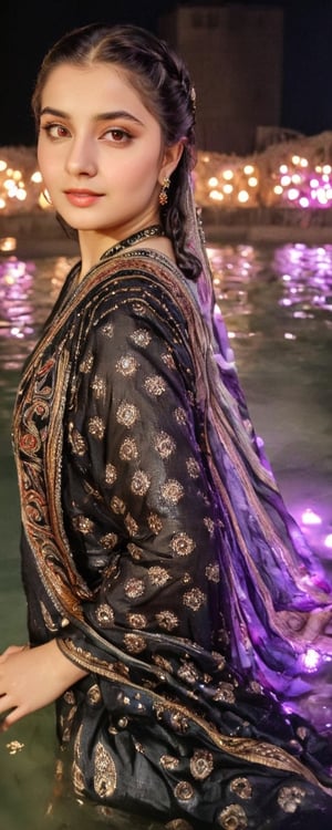 (best quality,8K,highres,masterpiece,raw image), ultra-detailed, featuring a beautiful young wet woman adorned in a realistic detailed wet long embroidery designer  dress shirts shawl that emits a soft, ethereal light. Her flowy black chignon wet hair appears to be infused with the same radiant wet glow. eye contact,kind wet smile, lipgloss, The well lit backdrop consists of glowing grapes, in water, colorful,colorful,soakingwetclothes,Pakistani dress