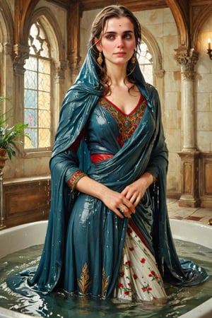 masterpiece, best quality, ultra high resolution, visually stunning, beautiful, award-winning art (abstract art: 1.3), beautiful )))A FULL-LENGTH very detalied full leghn , A anime a very beutifful female medieval warhammer style noble smile,, Watercolor, trending on artstation, sharp focus, Indoor photo, white tiles background, intricate details, highly detailed, by greg rutkowski ,more detail XL, shawl,   wet hair, (bathing in royal bathroom), ((wet clothes, victorian ballgown, ,((heavy rain, beautiful faces, soakingwetclothes, wet clothes, wet hair, wet skin, clothes cling to skin, submerged in tub:1.3)),soakingwetclothes,, wet skin, wet face, wet robe,, face focused , soakingwetclothes,art_booster,indian,OnlySaree_Style,,hoopdress,Pakistani dress,saree,saree influencer,saree model